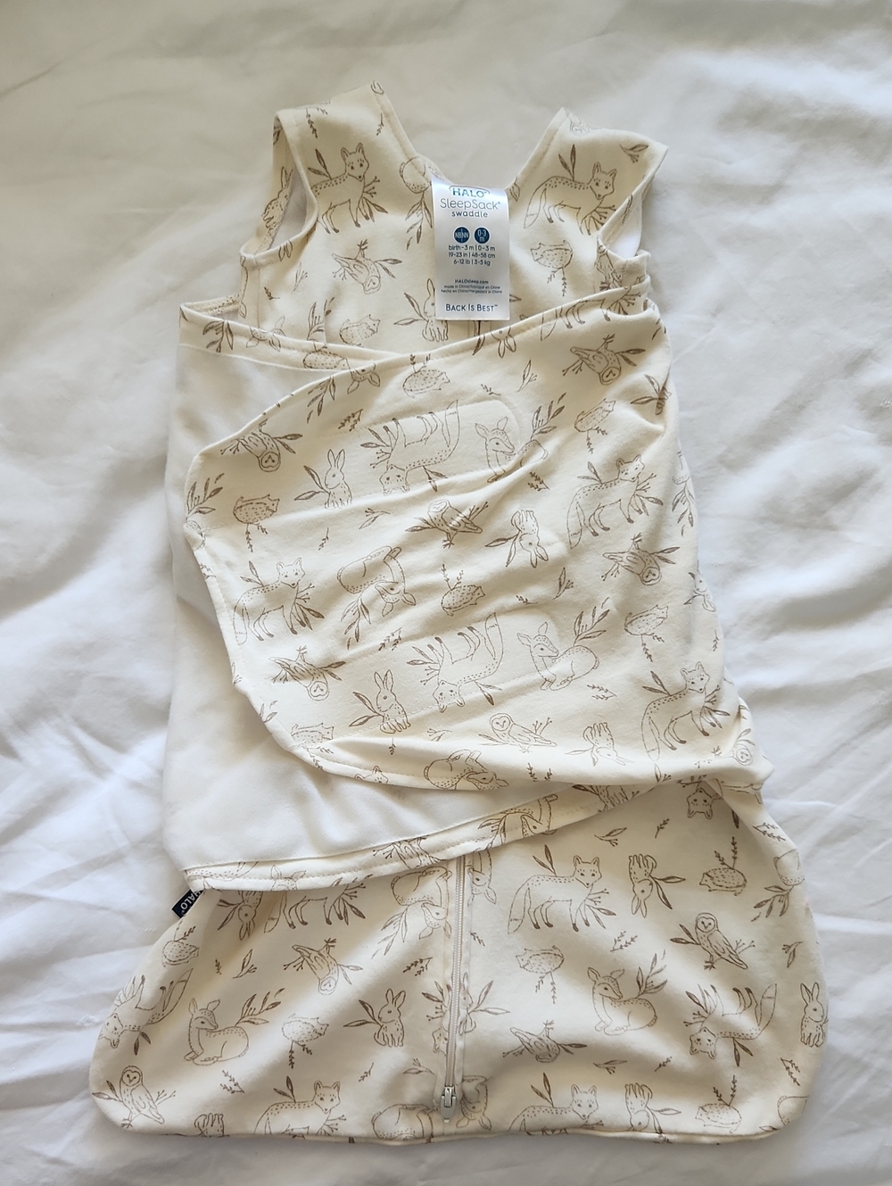 Halo Infant Wearable Swaddle in Cream with Brown Woodland Sketches